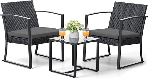 Vista 28 de Greesum Juego de muebles de exterior de 3 piezas para patio, bistró, mecedoras con mesa de centro de cristal para piscina, playa, patio, balcón, Gris