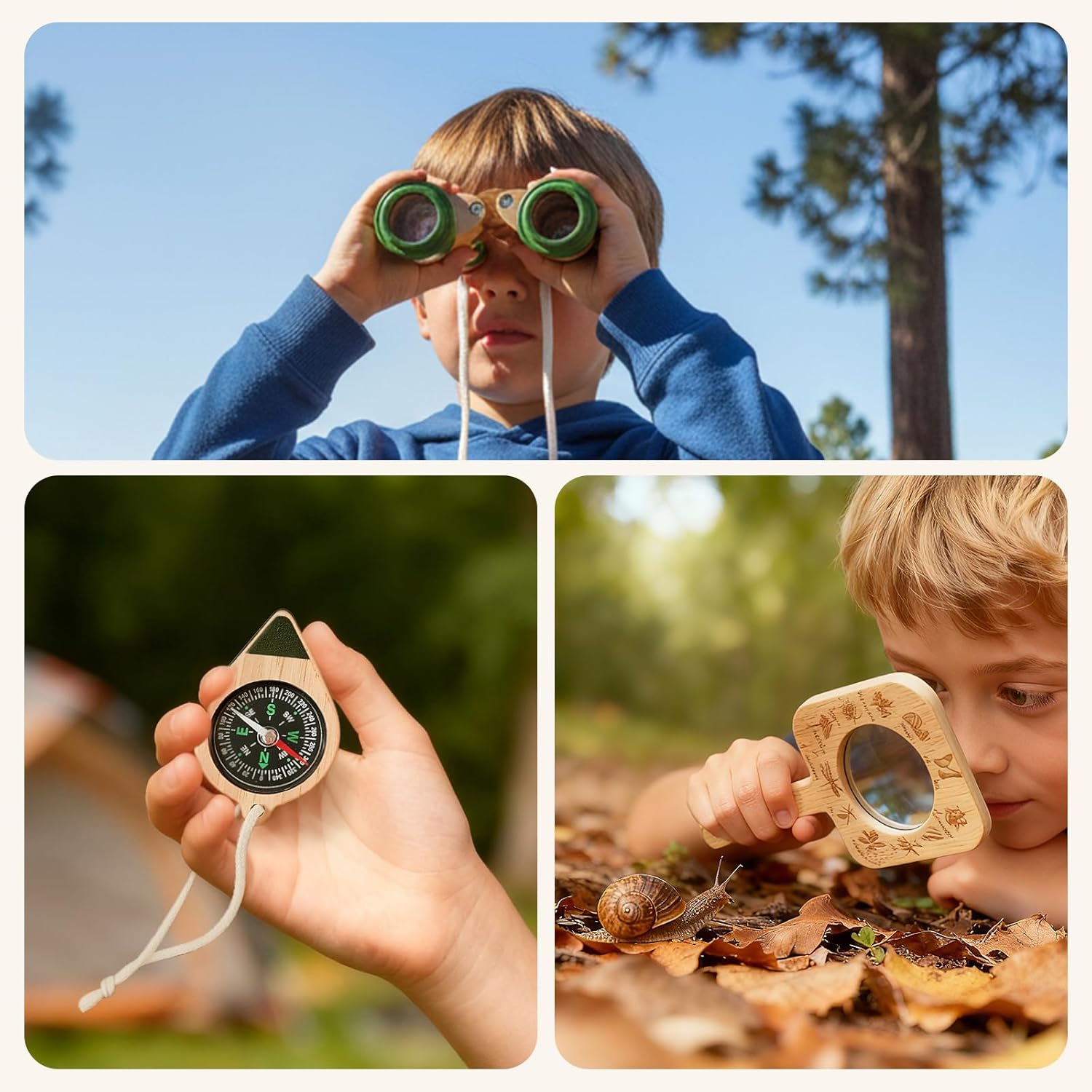 WOODEN TEETHER Nature Explorer STEM Kit with Adjustable Bug Viewer, Outdoor Science Exploration Set for Kids Ages 4-8, Montessori-Inspired Screen-Free Toys with Binoculars, Compass & Magnifying Glass