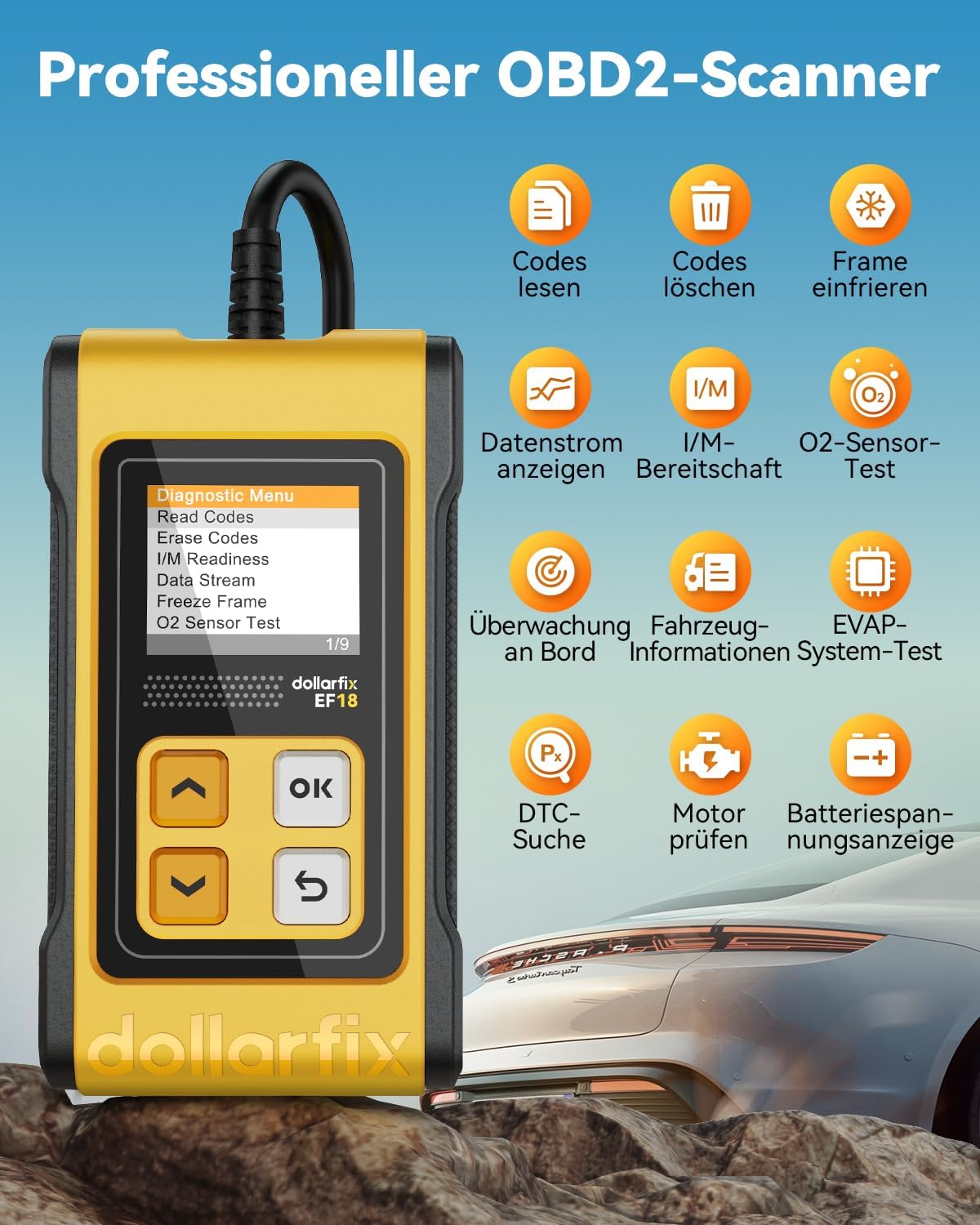 dollarfix OBD2 Scanner EF18 displaying various diagnostic functions like read codes, erase codes, data stream, and O2 sensor test