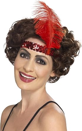 Flapper Headband, Red, with Feather