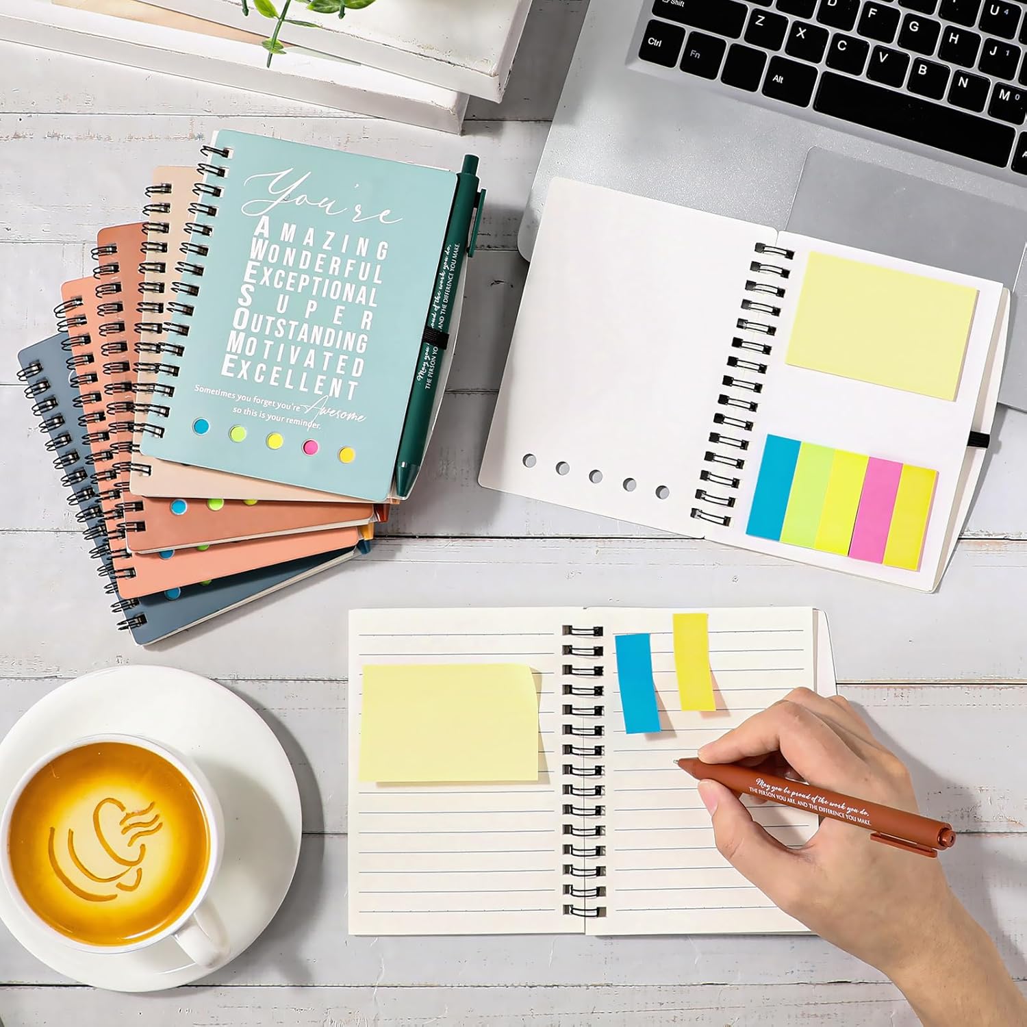 Jetec 100 Pcs/50 Sets Motivational Spiral Notebook with Sticky Notes Pen Bulk Boho Inspirational Journals Employee Appreciation Thank You Gift for Teacher Coworker Staff Team (Healing)
