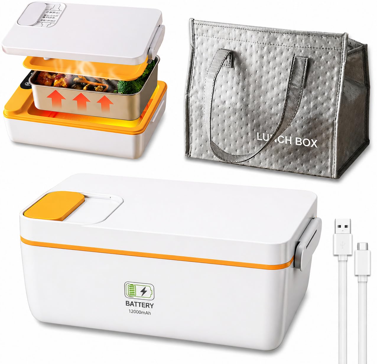Fiambrera Eléctrica Inalámbrica con Batería 12000mAh 1L, Calentador de Comida Portátil Sin Cable, Taper Eléctrico con Acero Inoxidable, Pantalla y Temporizador, para Trabajo, Oficina, Coche, Camping