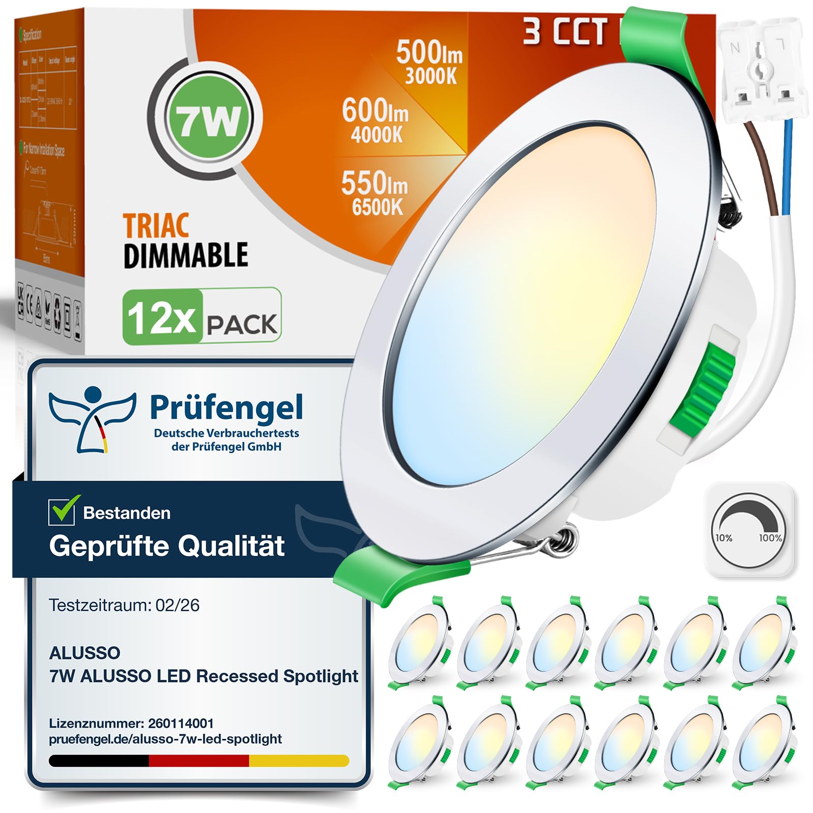 ALUSSO LED Einbaustrahler 230V Dimmbar 68mm 7W Ultra Flach IP44 LED Spots Warmweiß Neutralweiß Kaltweiß Deckenstrahler für Badezimmer Küche Wohnzimmer, Chrom, 12er Set