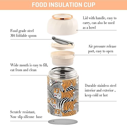 Miniatura 4 de Tiger Zebra - Tarro de comida con cuchara de acero inoxidable aislado al vacío, termo de sopa de 17 onzas para almuerzo