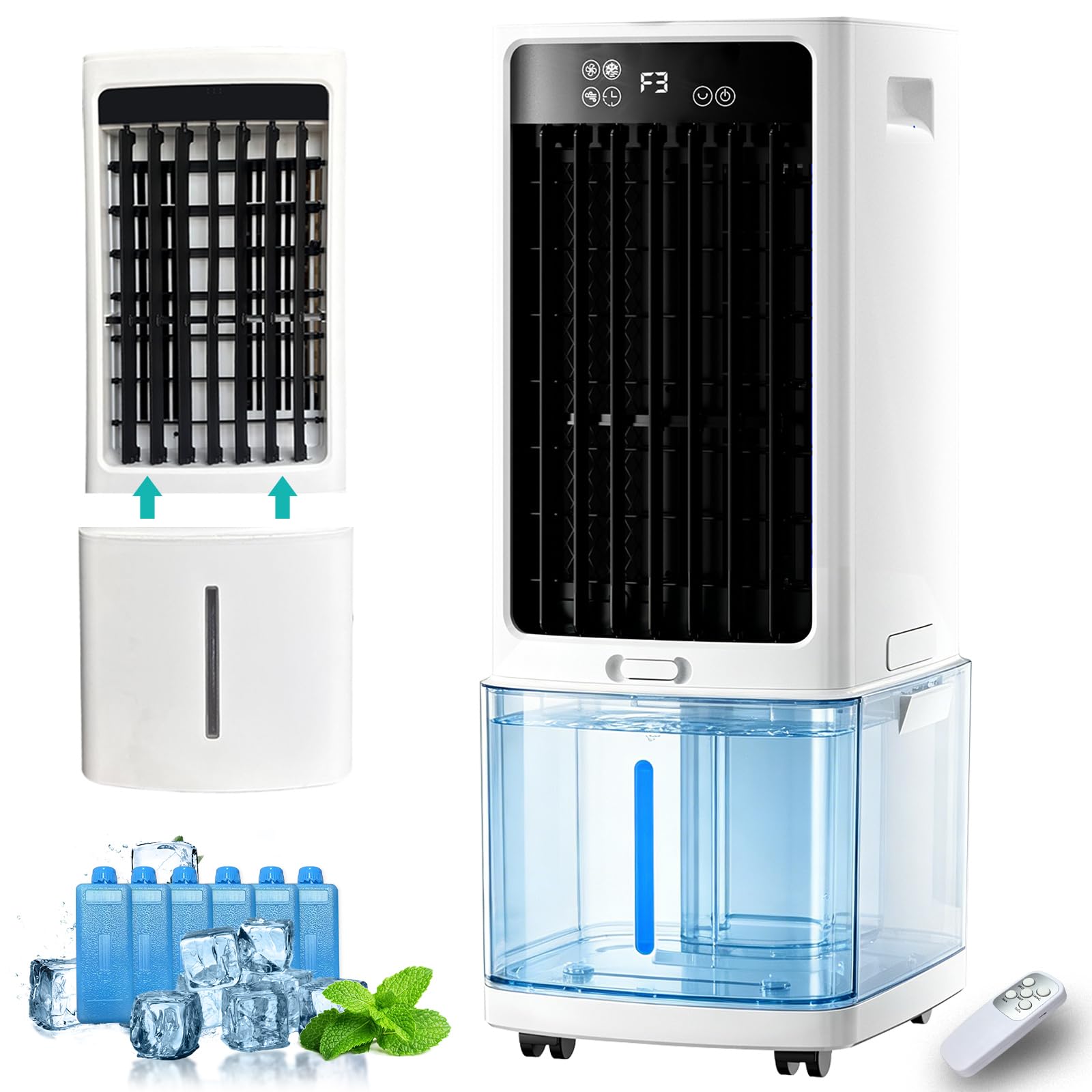 4-in-1 Windowless Portable Air Conditioners with 12 L Detachable Tank, Humidifying Swamp Cooler with 3 Speeds, 12 H Timer & 90°Oscillation, 6 Ice Boxes for Home, Office, Bedroom, White — image 1