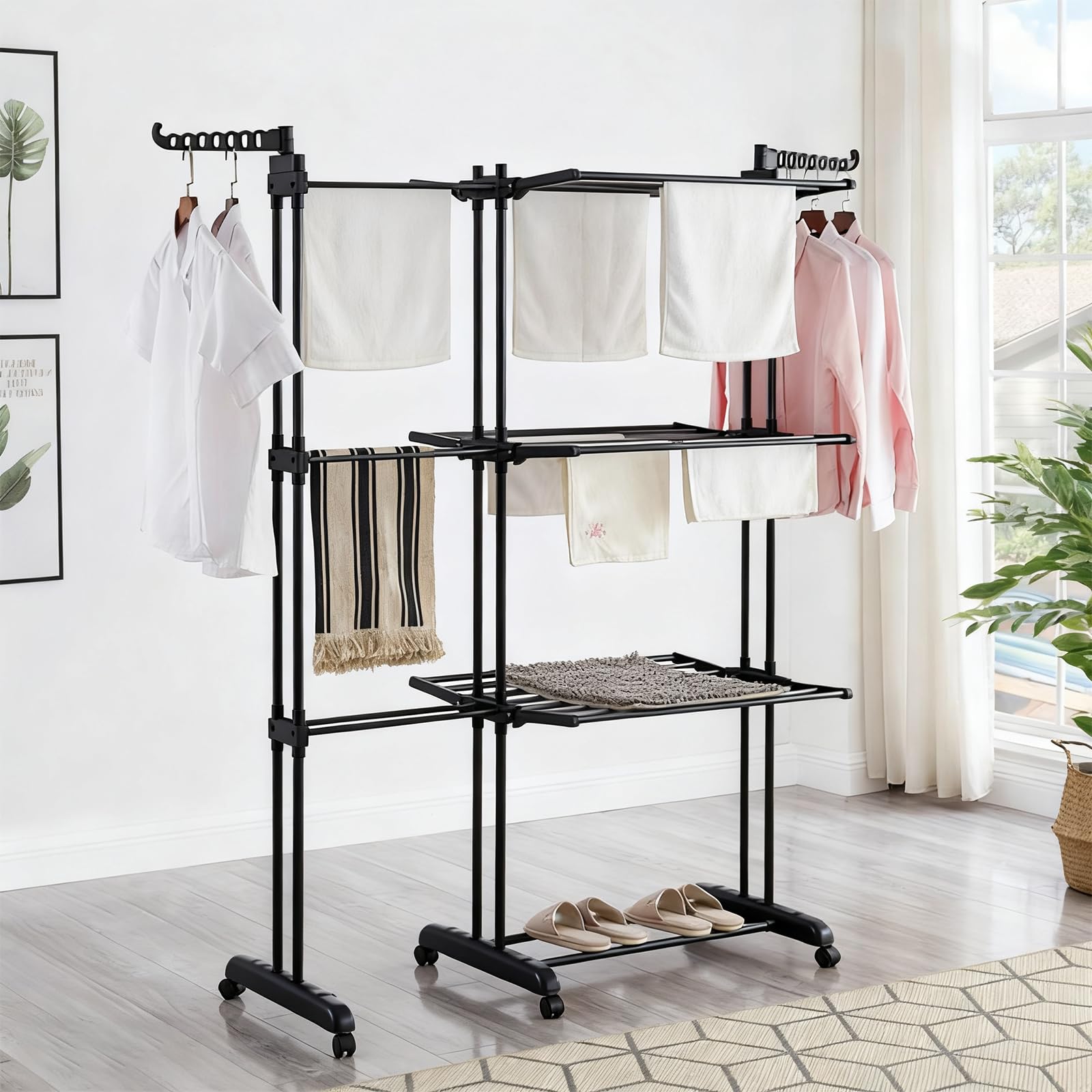 Tendedero de ropa de 4 niveles – Secador de ropa plegable con ruedas, tendedero interior y exterior de acero inoxidable, gran secadora de ropa para lavandería, balcón, 142,5 x 64 x 170 cm (negro)