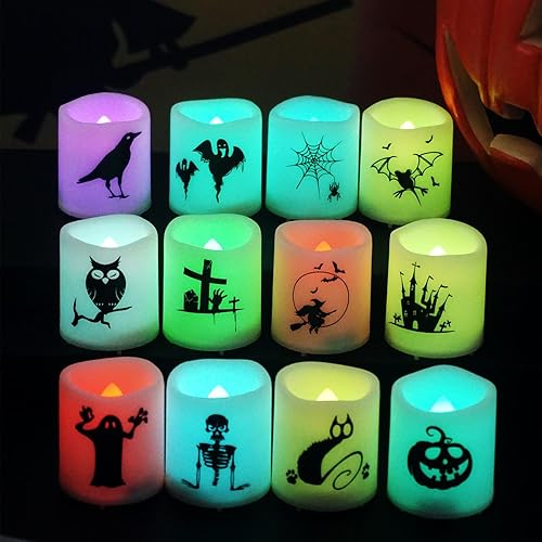 Miniatura 5 de Paquete de 12 velas votivas de Halloween con patrón de calavera LED sin llama que cambian de color, luces de calabaza votivas Jack O Lantern,