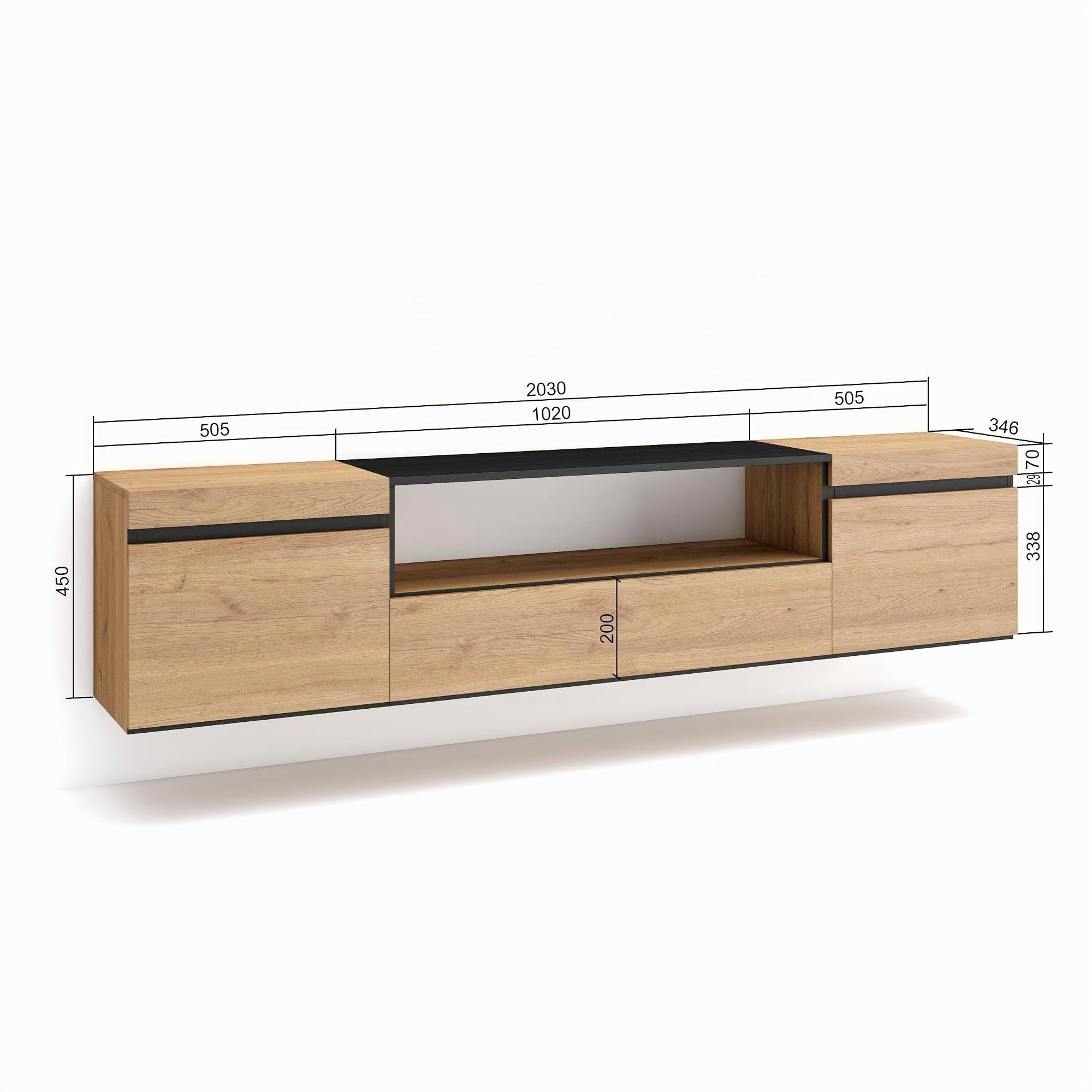 Skraut Home | Mueble TV | Televisión | Muebles de salón, almacenaje | 200x45x35cm | para TV hasta 80" | Colgado, Suspendido | Estilo Moderno | Roble y Negro