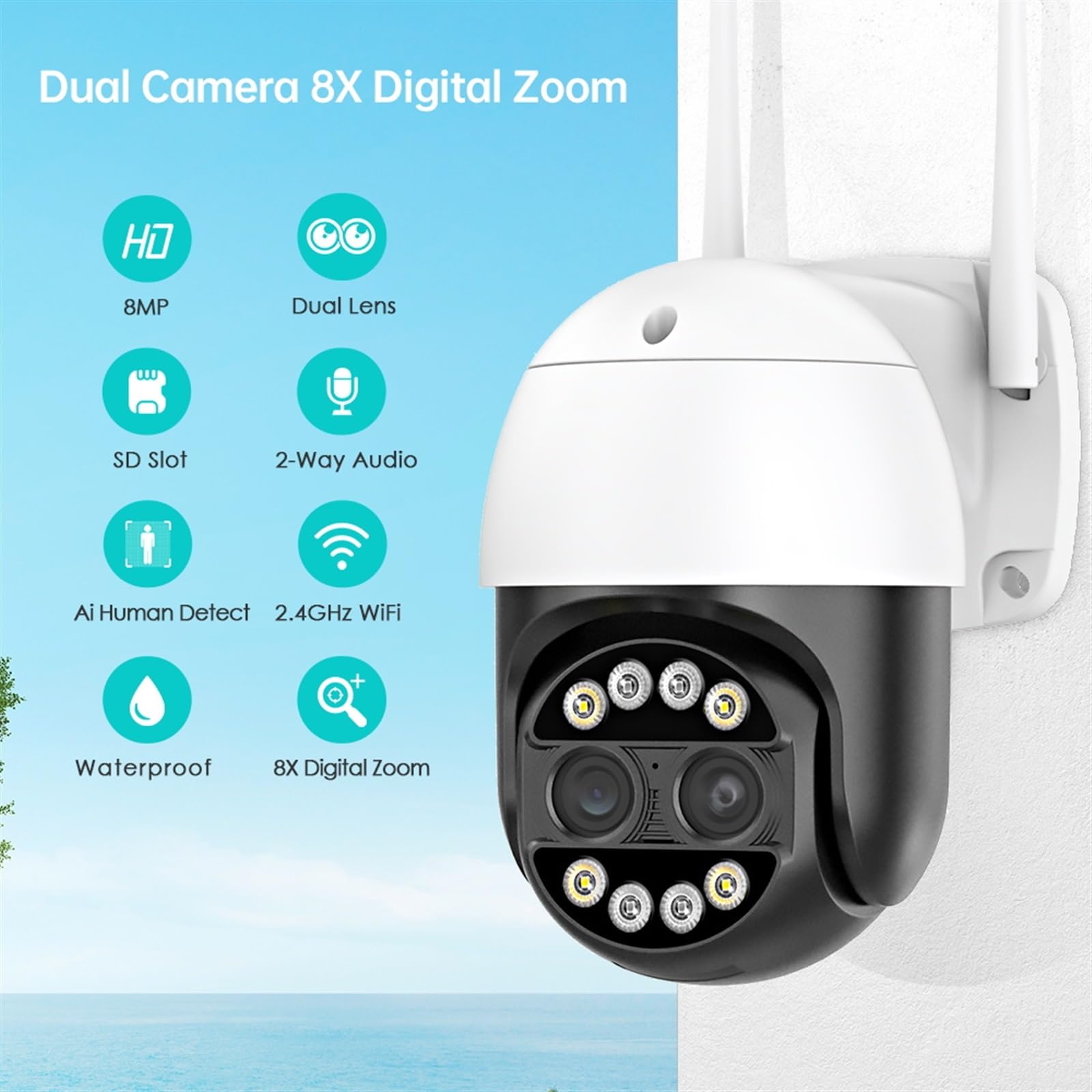 Telecamera WiFi Esterno, 8MP 4K 8X Hybrid Zoom 2.8 + 12mm Dual Lens PTZ Telecamera IP Rilevazione Umana 4MP Audio Security Videosorveglianza Telecamera,Sicurezza, Antifurto(8MP,64G SD Card)