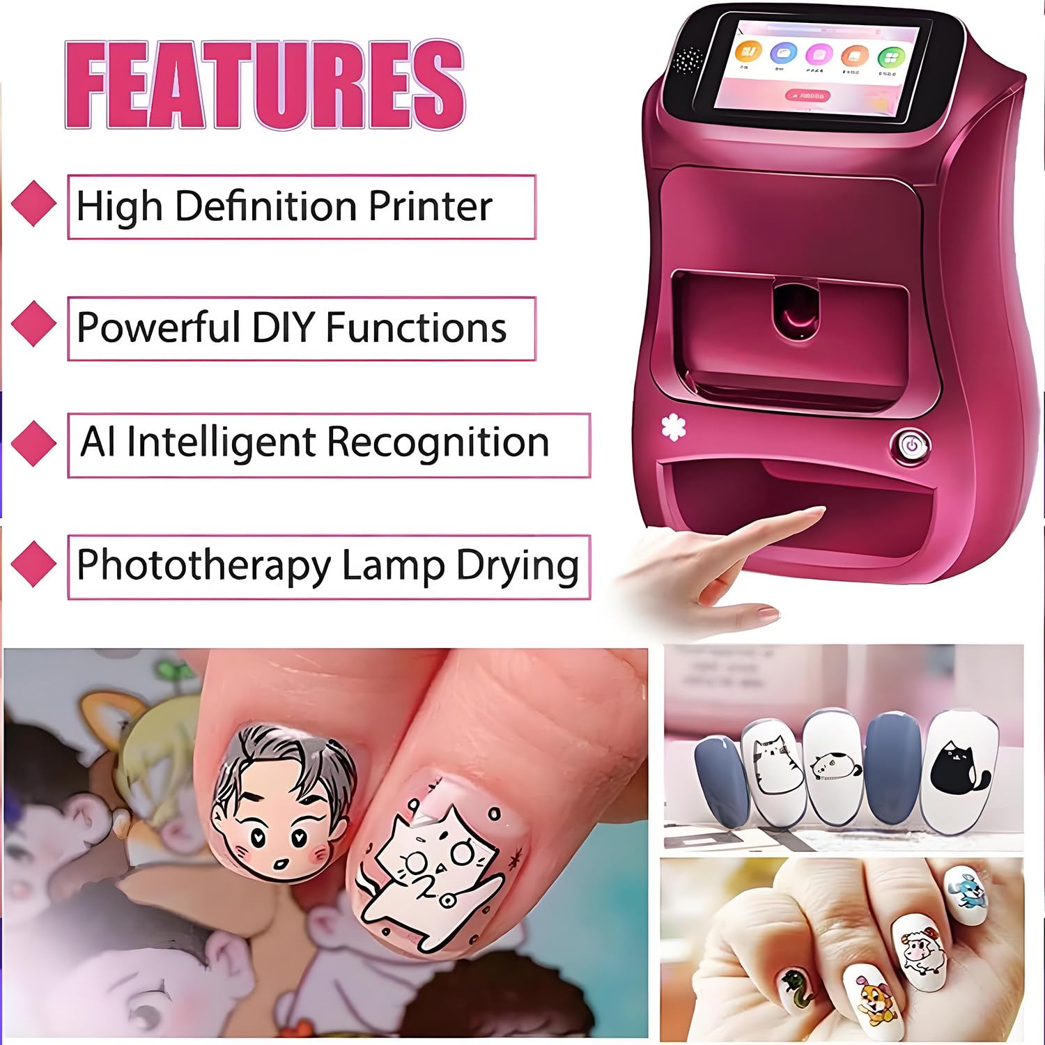Máquina Inteligente para Pintar uñas 3D, Impresora portátil Digital móvil para decoración de uñas con Pantalla táctil, Belleza y Cuidado Personal para uñas en casa de niñas Pink