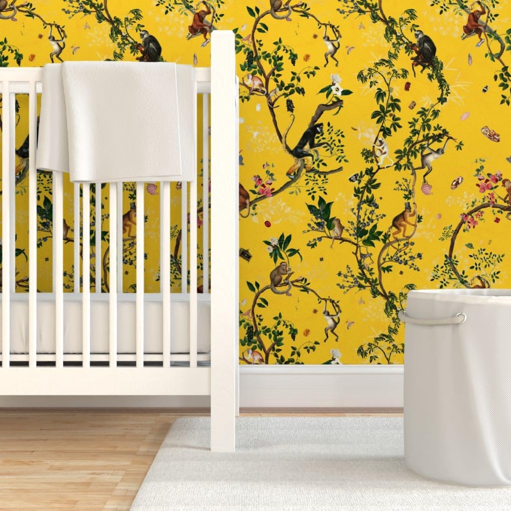 Peel & Stick Wallpaper Swatch - Yellow Gold Chinoiserie Maximalist Monkey World Tree Plant Jungle Custom Removable Wallpaper by Spoonflower