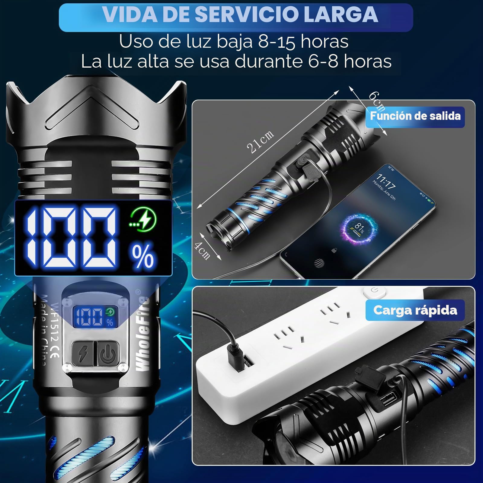 Linterna LED recargable, linterna LED extremadamente brillante | 150000 lúmenes, IP65, resistente al agua, funciona con pilas, linterna USB para exteriores, emergencias, camping