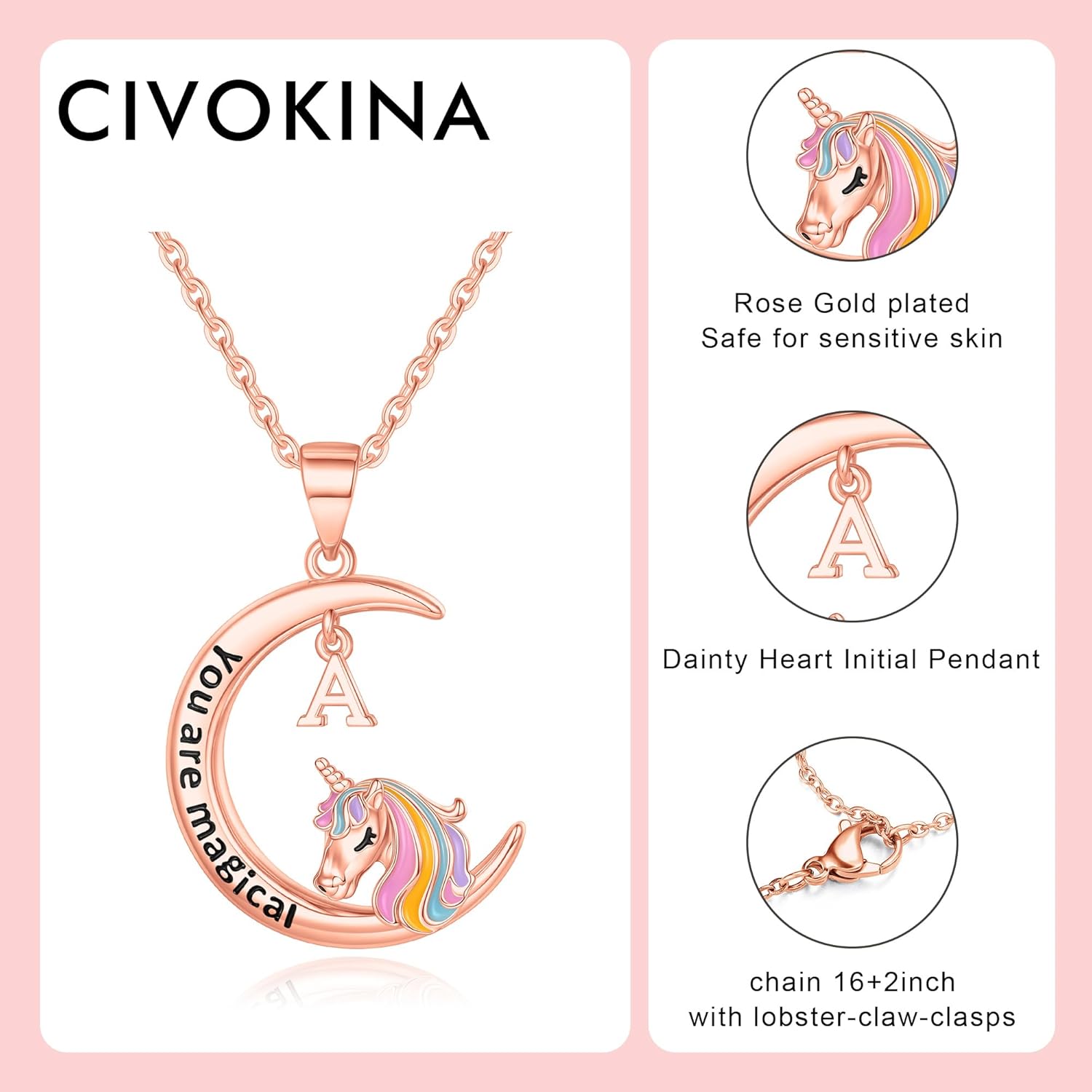 Unicorns Gifts for Girls Necklaces, 14K Gold/White Gold/Rose Gold Plated Moon Pendant Unicorn Necklace for Girls Letter Initial Unicorn Necklace for Girls Kids Toddler Unicorn Gifts for Girls - Image 6