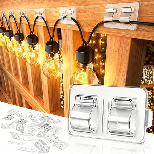 Keviyi Hooks for Outdoor String Lights Clips: 25Pcs Heavy Duty Cable Clips with Waterproof Adhesive Strips for Hanging Christmas Light - Outside UV-Resistant Clear Sticky Cord Holders Rope Organizer