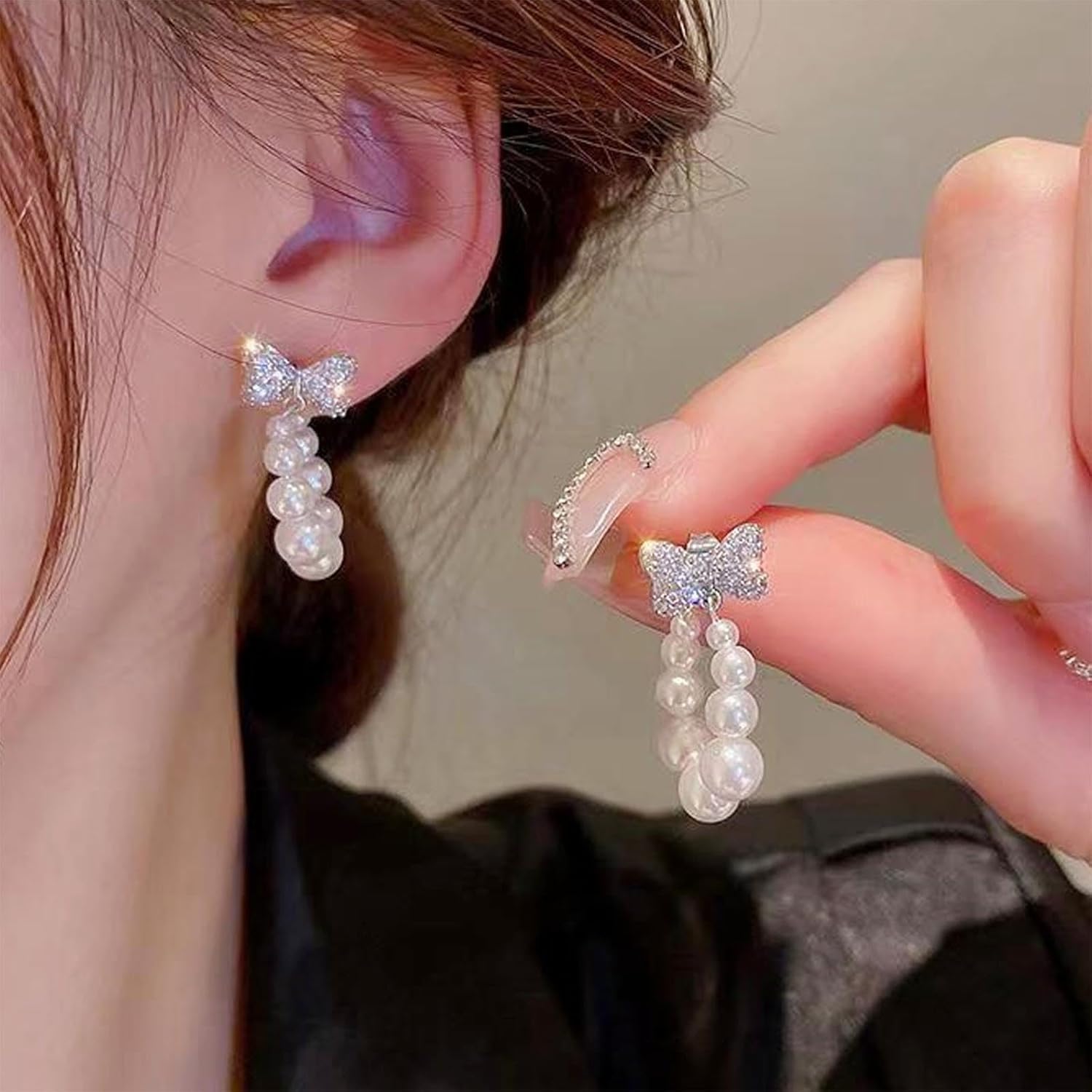 W WEILIRIAN Vintage Circle Pearl Earrings Crystal Bow Earrings Pearl Wedding Earrings Pearl Dangle Earrings Jewelry for Women and Teen - Image 2