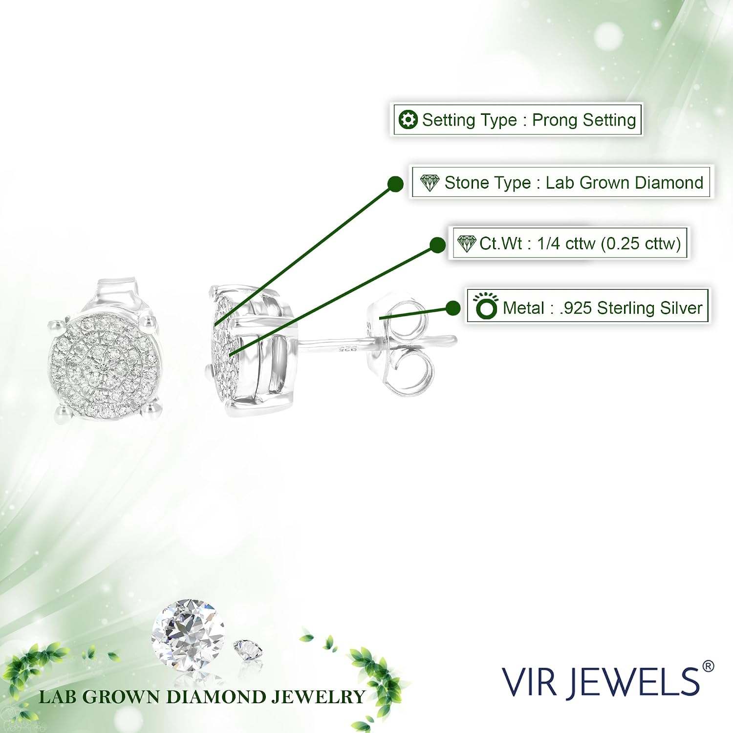 Vir Jewels 1/4 cttw Lab Grown Diamond Composite Earrings in Sterling Silver With Push Backs image 3