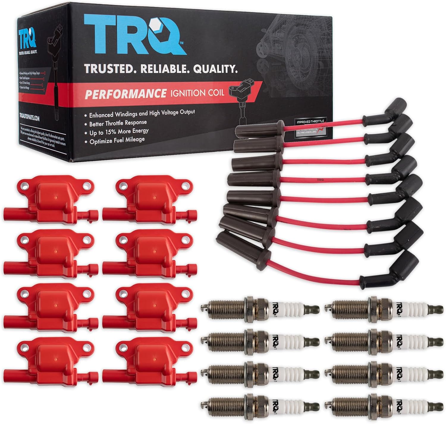 TRQ Ignition Coil & Spark Plug Kit 17 Piece Iridium Plugs Compatible with 2009-2013 Chevrolet Silverado 1500 2009-2012 GMC Sierra 1500 Yukon Suburban 1500 2014-2015 Camaro 2009-2010 Cadillac Escalade