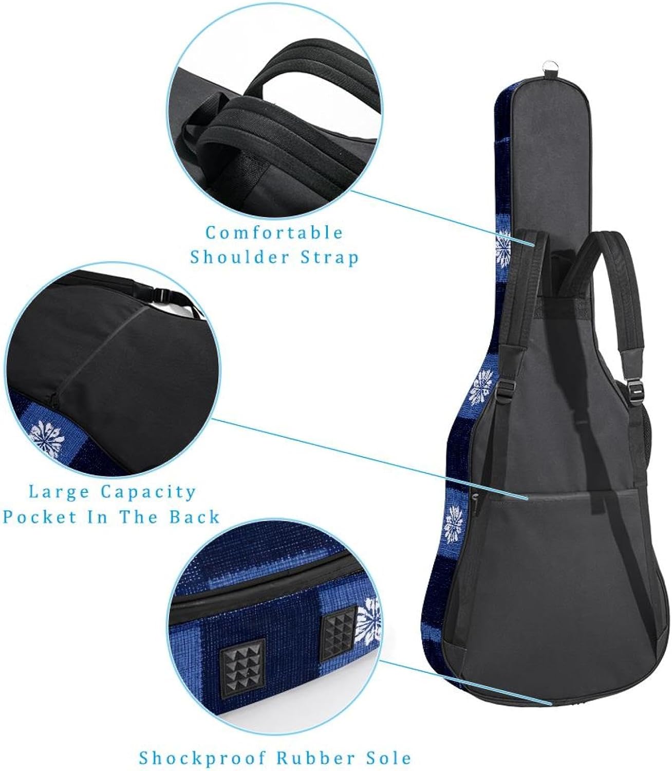 Acoustic Guitar Gig Bag 10mm Thick Padding, Soft Waterproof Guitar Case with Adjustable Backpack Straps for 40-42 Inch Guitar, Navy Blue Checkered Pattern with Snowflake