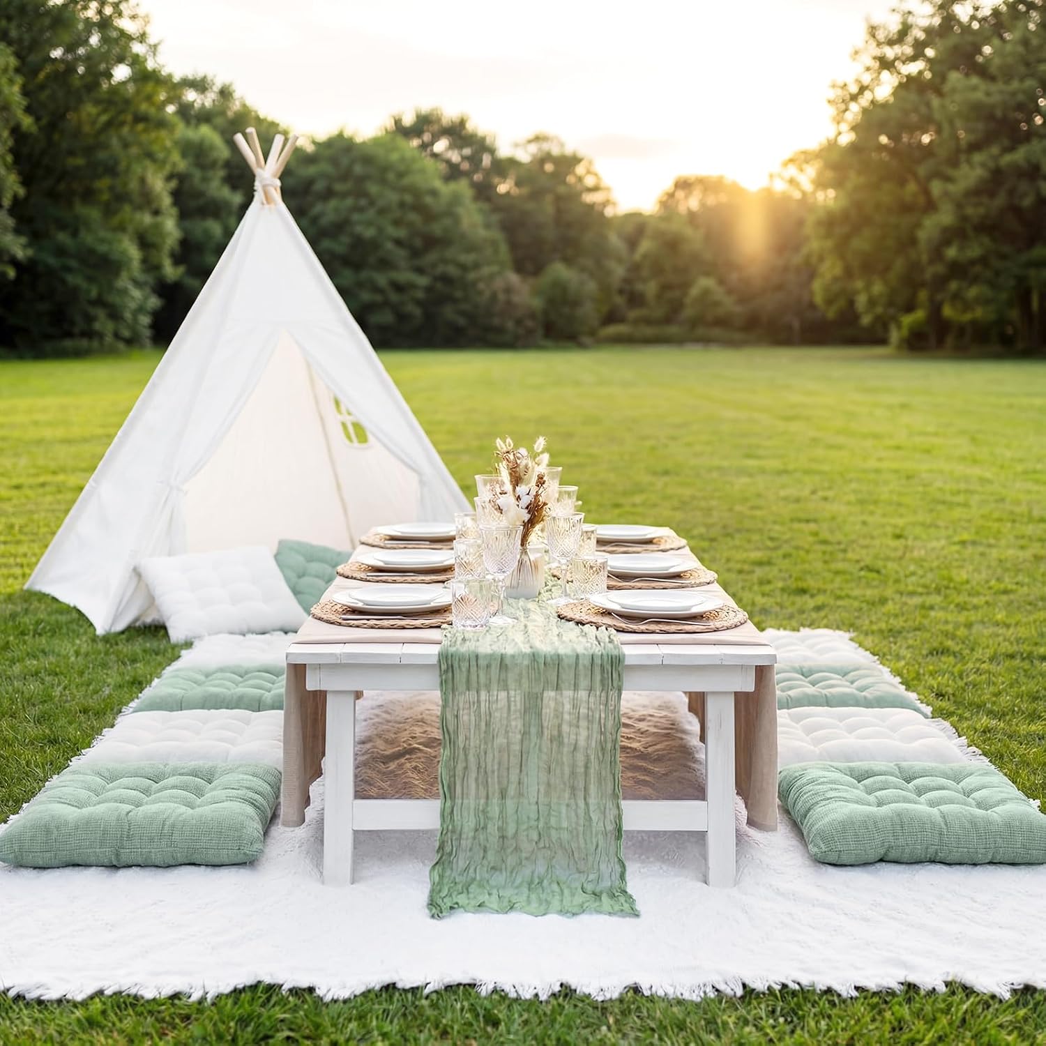 8 Pcs Fit for 6 People 91 x 71'' Extra Large Outdoor Picnic Blanket with Sage Green Table Runner and Floor Pillow Cushion Fit for 6 People Picnic Wedding Birthday Baby Shower Backyard Decor