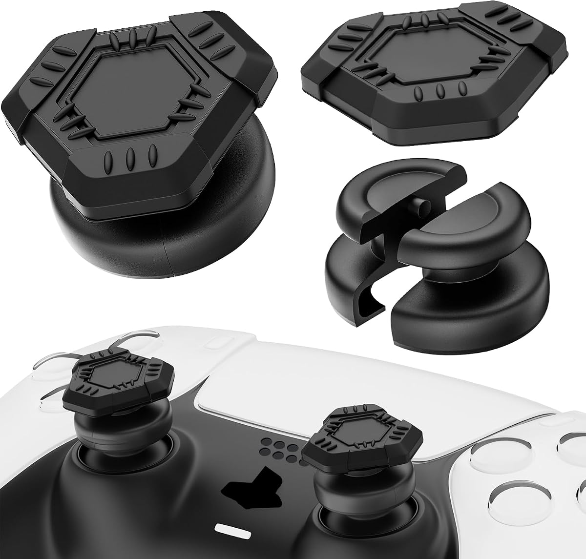 PlayRealm NO FALLING OFF Thumbstick Extender & Silicone Grip Cover 2 Sets for PS5 & PS4 Controller (UFO Black)