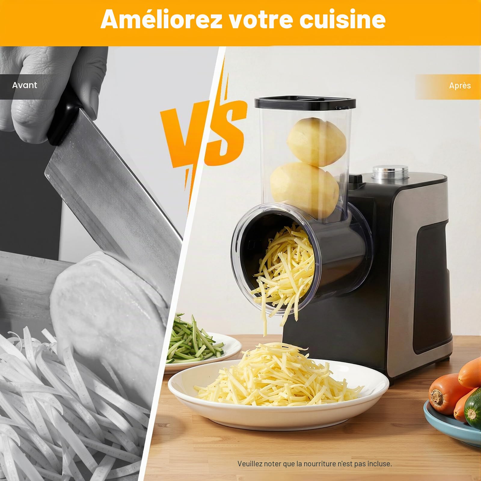 Coupe-légumes électrique 1000 W avec 10 lames - Râpe à légumes automatique - Pour couper les pommes de terre, radis, concombres, oignons