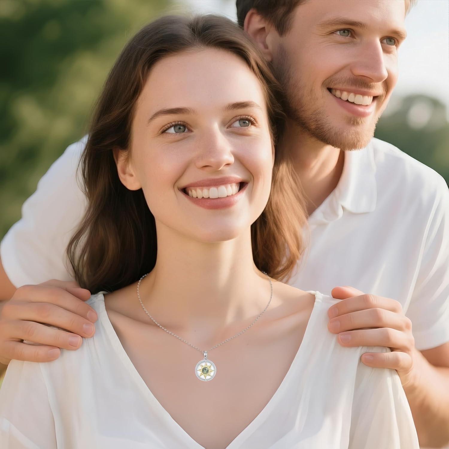 925 Sterling Silver Moss Agate Sunburst Pendant Necklace For Women, Natural Round Cut Green Moss Agate, Dainty Birthday Jewelry Gifts For Her - Image 3