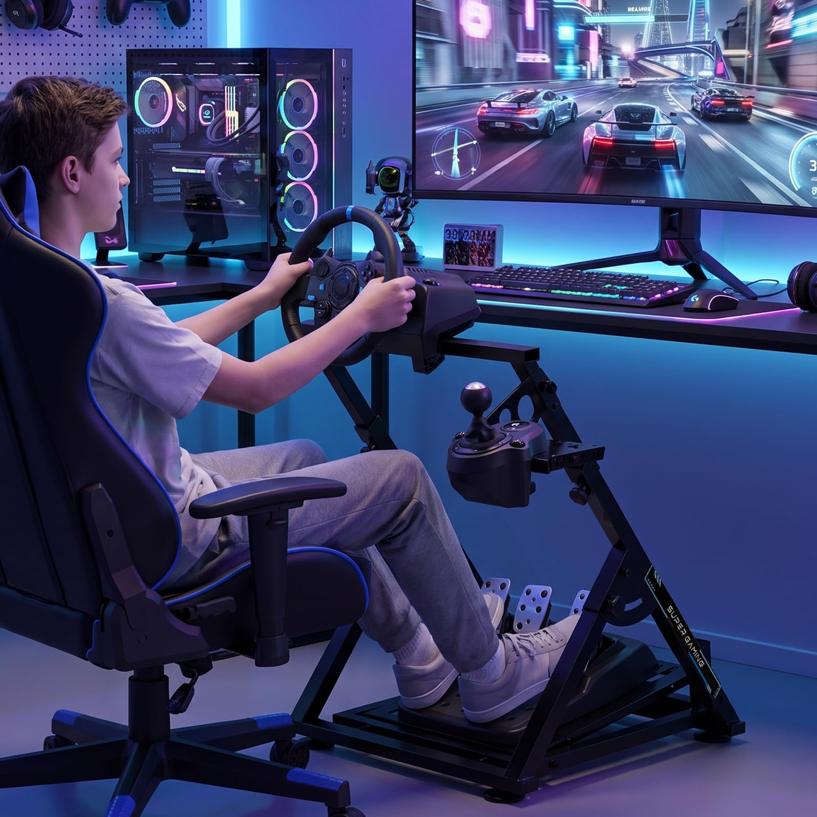 Lointain Support de Volant Sim Racing Pliable, Acier 1,4 mm, Réglable, Noir