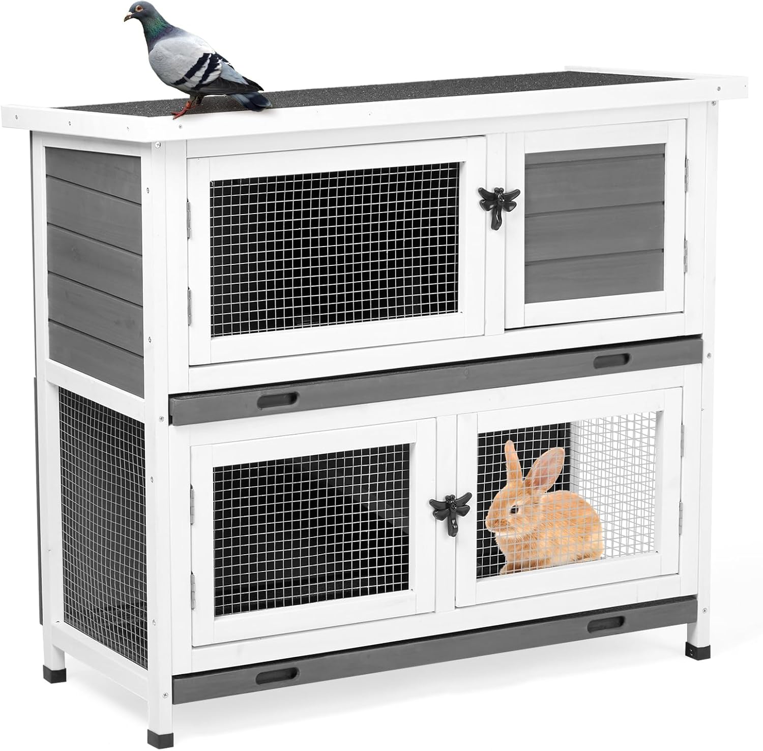 2 Story Solid Wood Rabbit/Bunny Hutch with 2 Large Main Rooms, Indoor Outdoor Rabbit House Guinea Pig Cage Pet House for Small Animals with Ventilation Door Removable Tray Waterproof Roof (Grey)