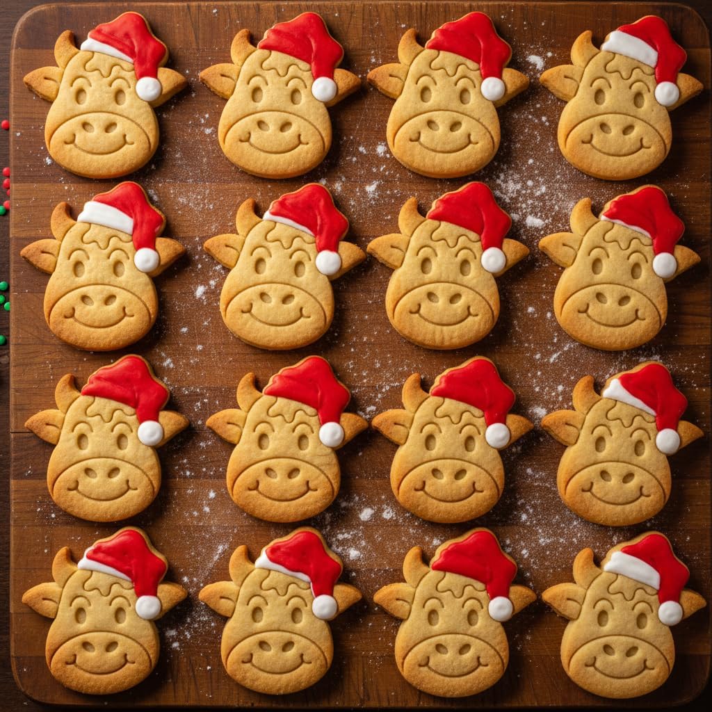 BAKERLOGY Set of 2 Happy Santa Farm Animal Cookie Cutters – Pig & Cow with Christmas Hats for Holiday Baking, Cookies & Crafts