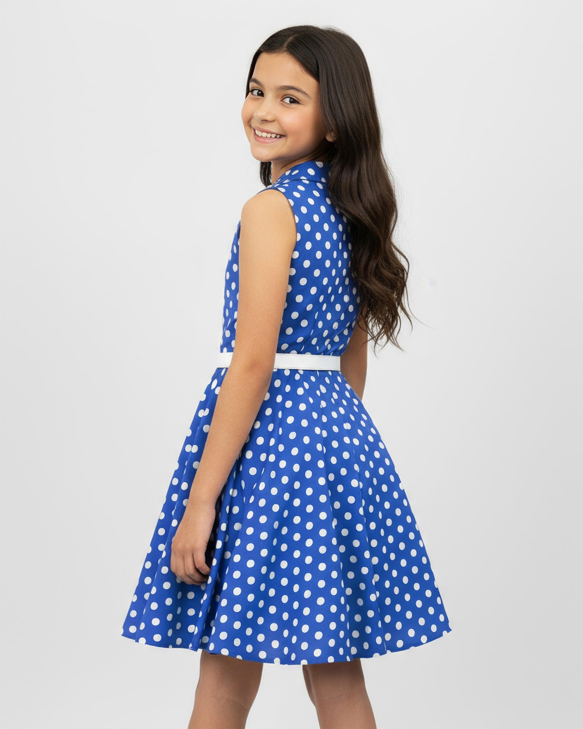 BlackButterfly Mädchen Kleid Holly Punkte | Tellerrock, Ärmellos, Bubikragen, Knopfleiste, Gefüttert, Abnehmbarer Gürtel, Zum Drehen, 3-14 Jahre