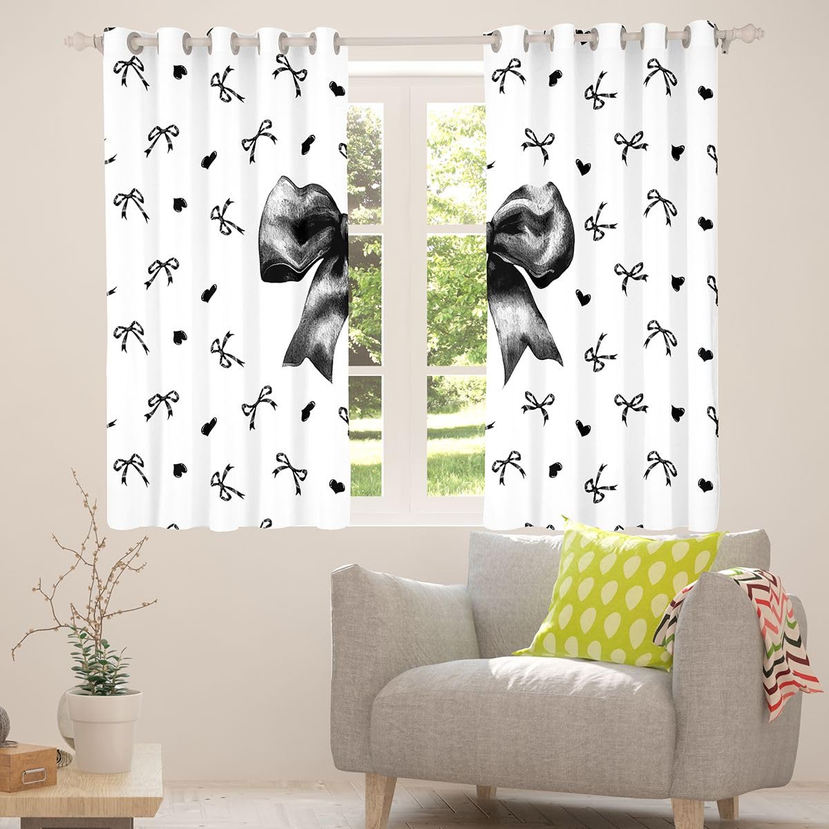 Homewish Czarna muszka, zasłony okienne, 117 x 183 cm, 2 zestawy paneli – , czarne kokardki, zasłony zaciemniające, wstążka księżniczki, muszka, dekoracje okienne, szykowna kokarda do sypialni