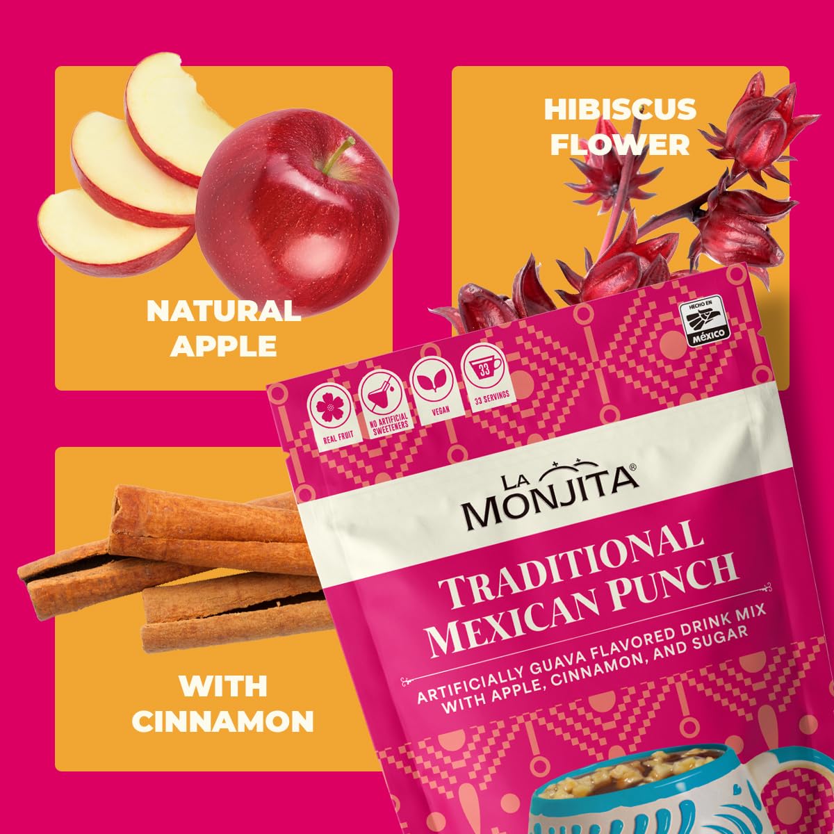 La Monjita Ponche Mexicano - Traditional Mexican Punch Drink Mix with Hibiscus, Guava, Apple Bits & Cinnamon - 34 Servings (1kg / 35.2oz Pouch)