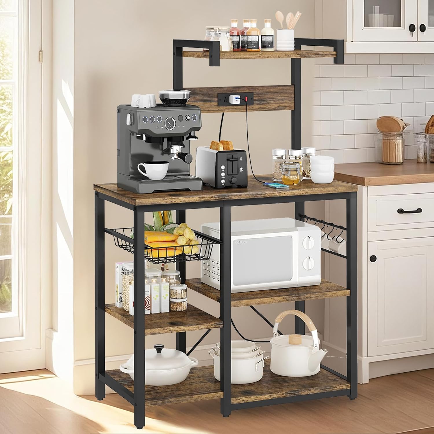 Recaceik Bakers Rack with Power Outlets and Storage, Microwave Stand with Storage Shelves Coffee Bar Cabinet with 5 S-Hooks, Kitchen Organizers and Storage for Kitchen & Dining, Rustic Brown