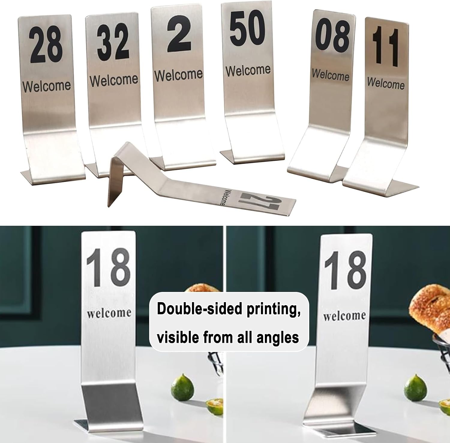 SAGIDAR Stackable Standing Table Number 155x60mm, Tabletop Number Sign for Restaurants and Cafes, Brushed Surface Stainless Steel Double-Sided Table Cards 1-25 1-50, Convenient to Clean(1-50)