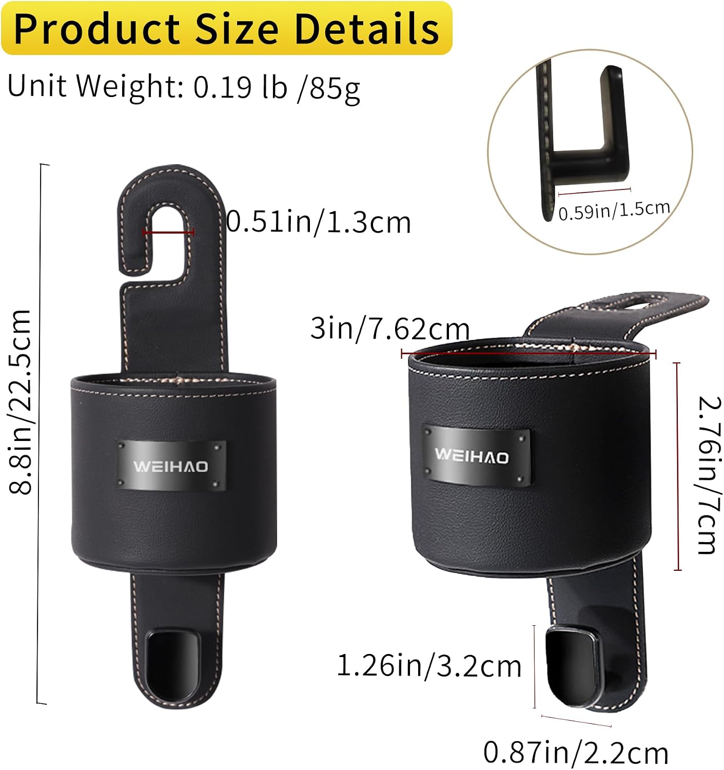 2Packs Cup Holder for Car Back Seat, Nappa Leather Storage Organizer Hook, 3 Inch Backseat Headrest Cup Holder for Car, Sedans, SUV, MPVS, Most Vehicles (Black)