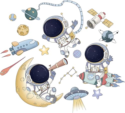 Miniatura 4 de WAFT YEARN Calcomanías de pared de astronauta, calcomanías de pared extraíbles de PVC del universo espacial para dormitorio, sala de estar,