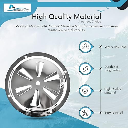 Miniatura 3 de MARINE CITY Placa de ventilación de cabina de acero inoxidable pulido de grado 304, cubierta de ventilación redonda, placa de ventilación de