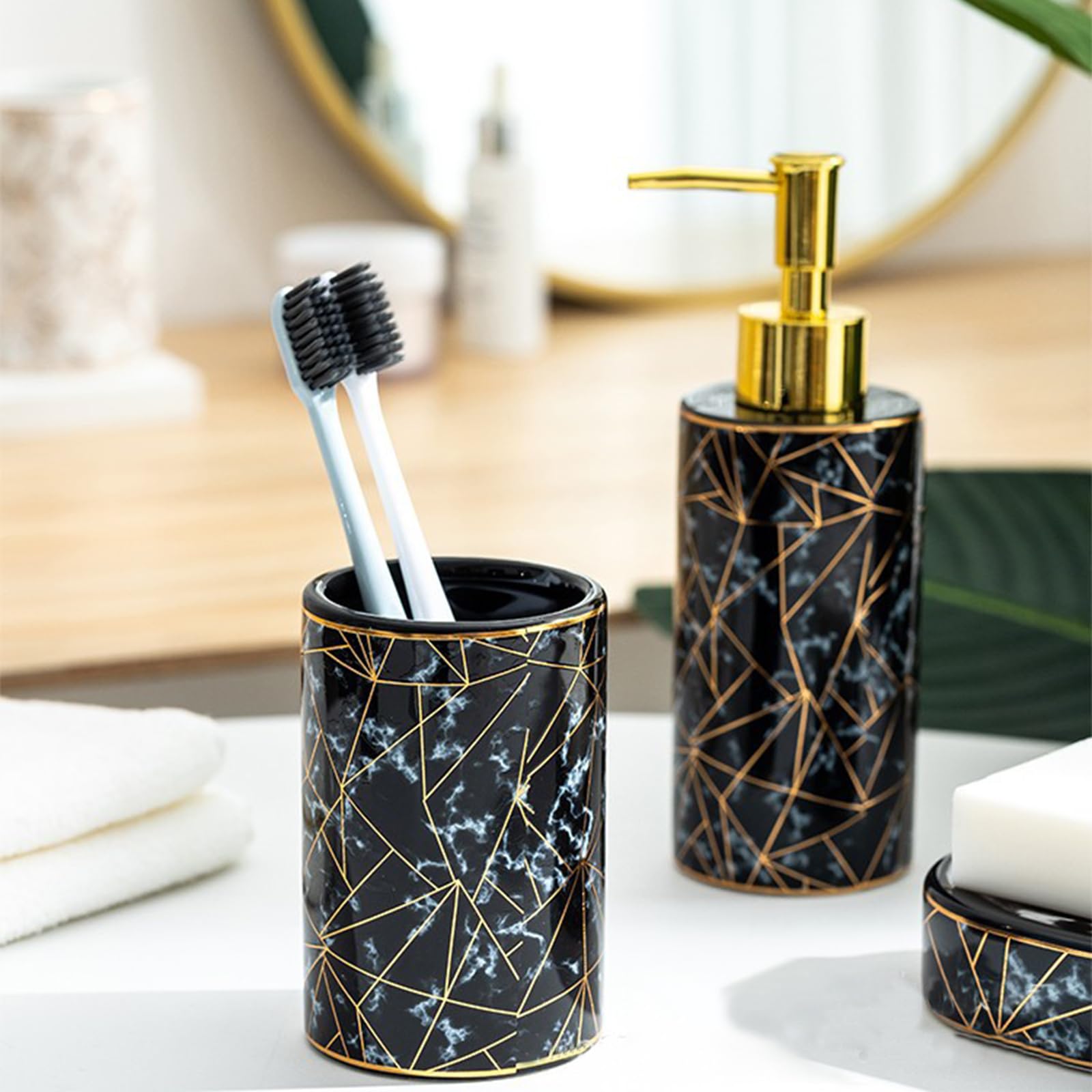 Soulnioi Bathroom Accessory Set, 4pcs Ceramic Bath Countertop Decoration Accessories with Toothbrush Holder, Mouthwash Cup - Image 4