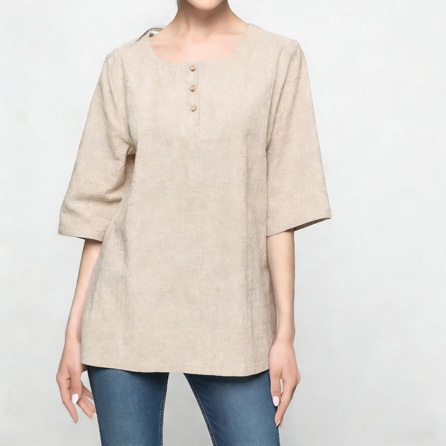 Minibee Women's 3/4 Sleeve Cotton Linen Jacquard Blouses Top T-Shirt - Image 4