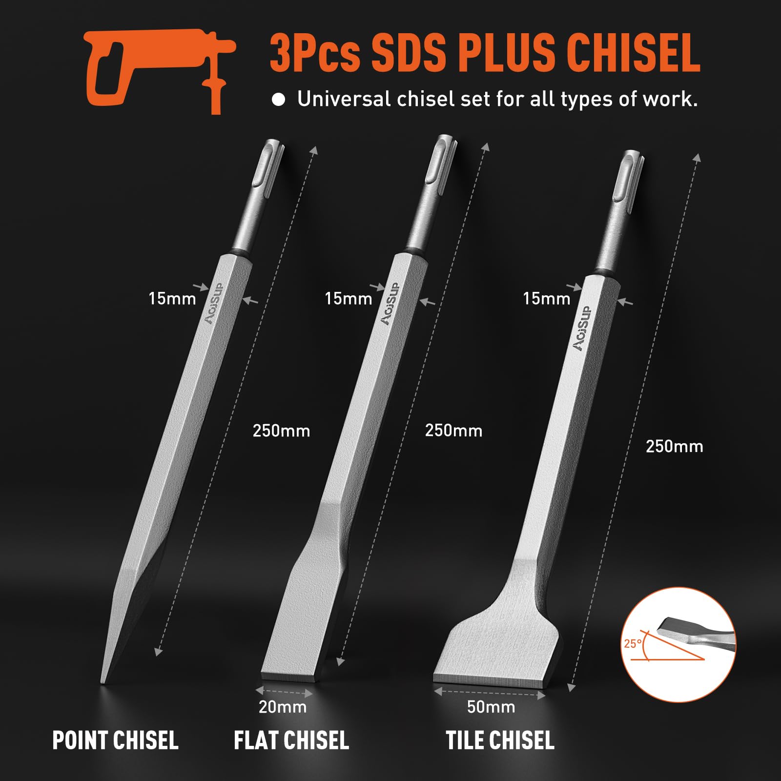 Juego de 3 Cincele SDS Plus, Cincele SDS Plus con Caja de Almacenamiento, Juego de Cinceles SDS Plus Compuesto por Cincel Para Azulejos, Cincel Plano y Cincel de Punta