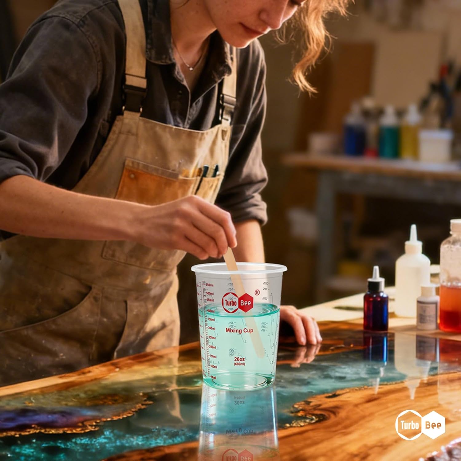 20oz Resin Mixing Cups - [Easy-Separate Design] 50 Pack Graduated PP Plastic Mixing Cups for Epoxy Resin, Paint & Automotive - Includes 50 Stir Sticks, Calibrated Ratios 2:1 3:1 4:1, ML & OZ