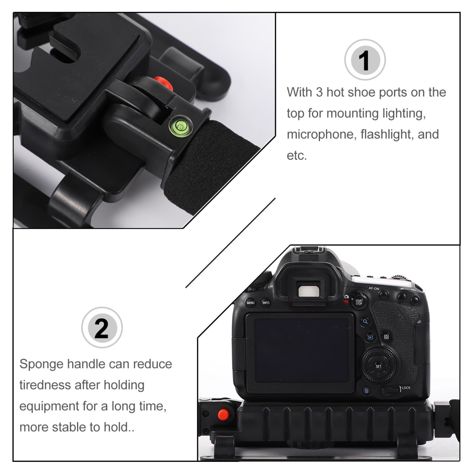 Stabilizzatore Manuale Pieghevole per Fotocamera Reflex Nero | Tre Attacchi Cold Shoe, Foro da 1/4 Pollice, Struttura in Plastica, Spugna e Metallo