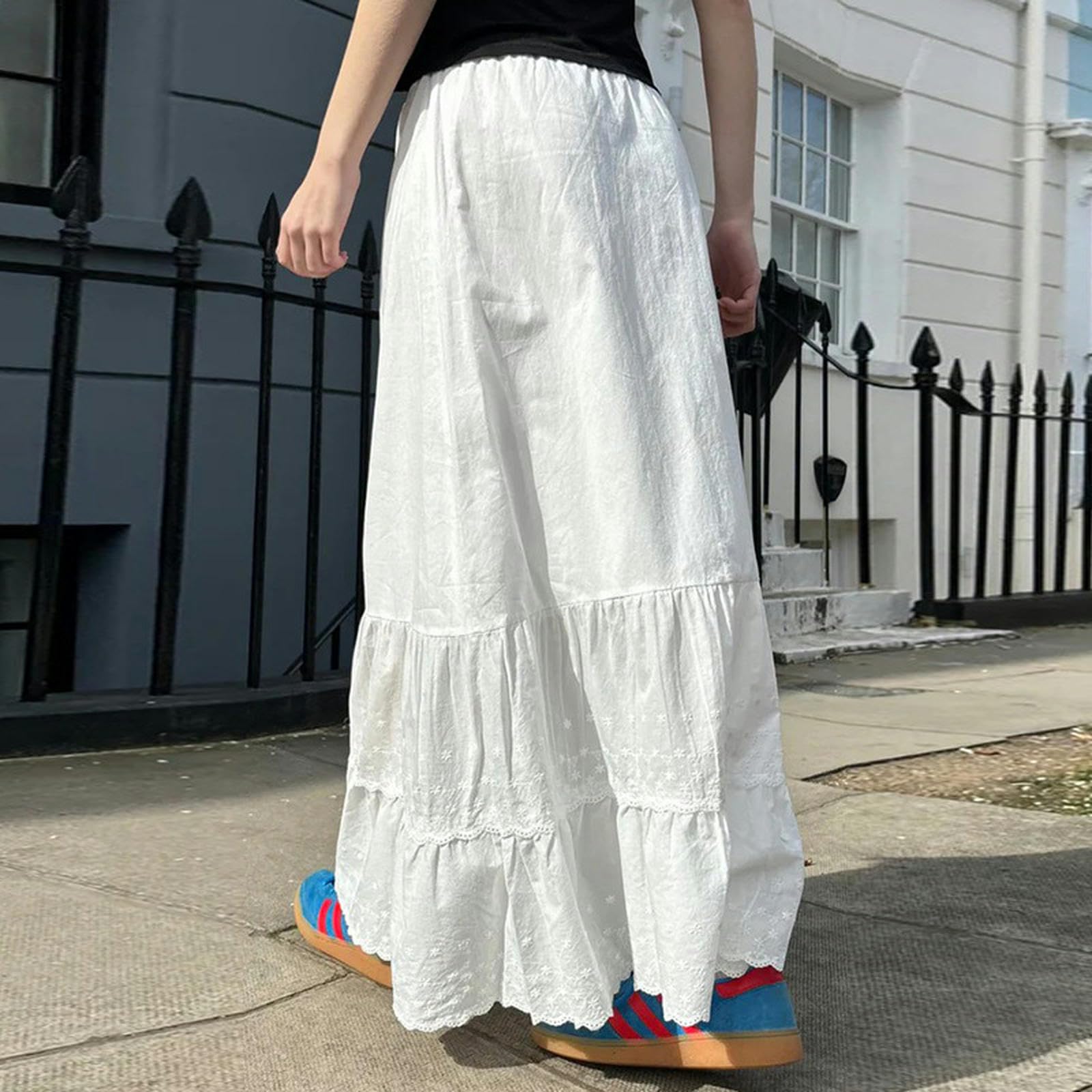 Falda Larga con Cordones Estilo niña Dulce Falda básica Sencilla de Punto-Blanca-M