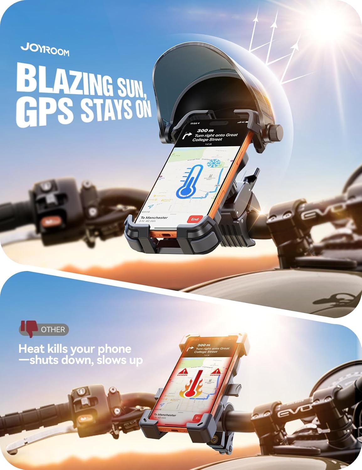 JOYROOM Bike Phone Holder Mount [Avoid Glare][Full Silicone Protection] Phone Mount for Scooter Ebike Bicycle Handlebar Cell Phone Clamp for iPhone 17 16 15 Pro Max S26, More 4.7-7" Phones