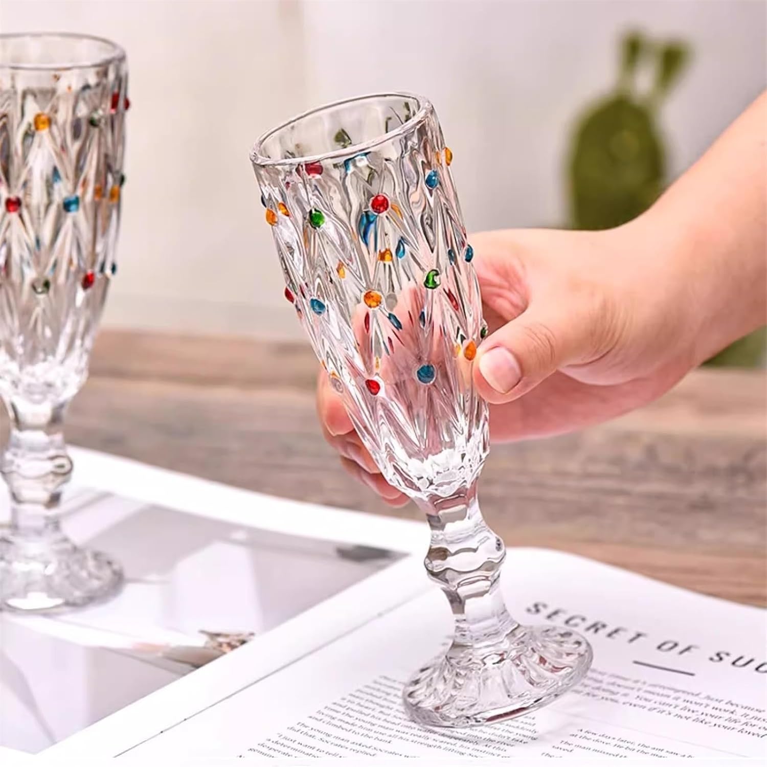 Glass Cup Vintage Relief Goblet, 170ML Elegant Painted Polka Dots Wine Champagne Glasses Parties