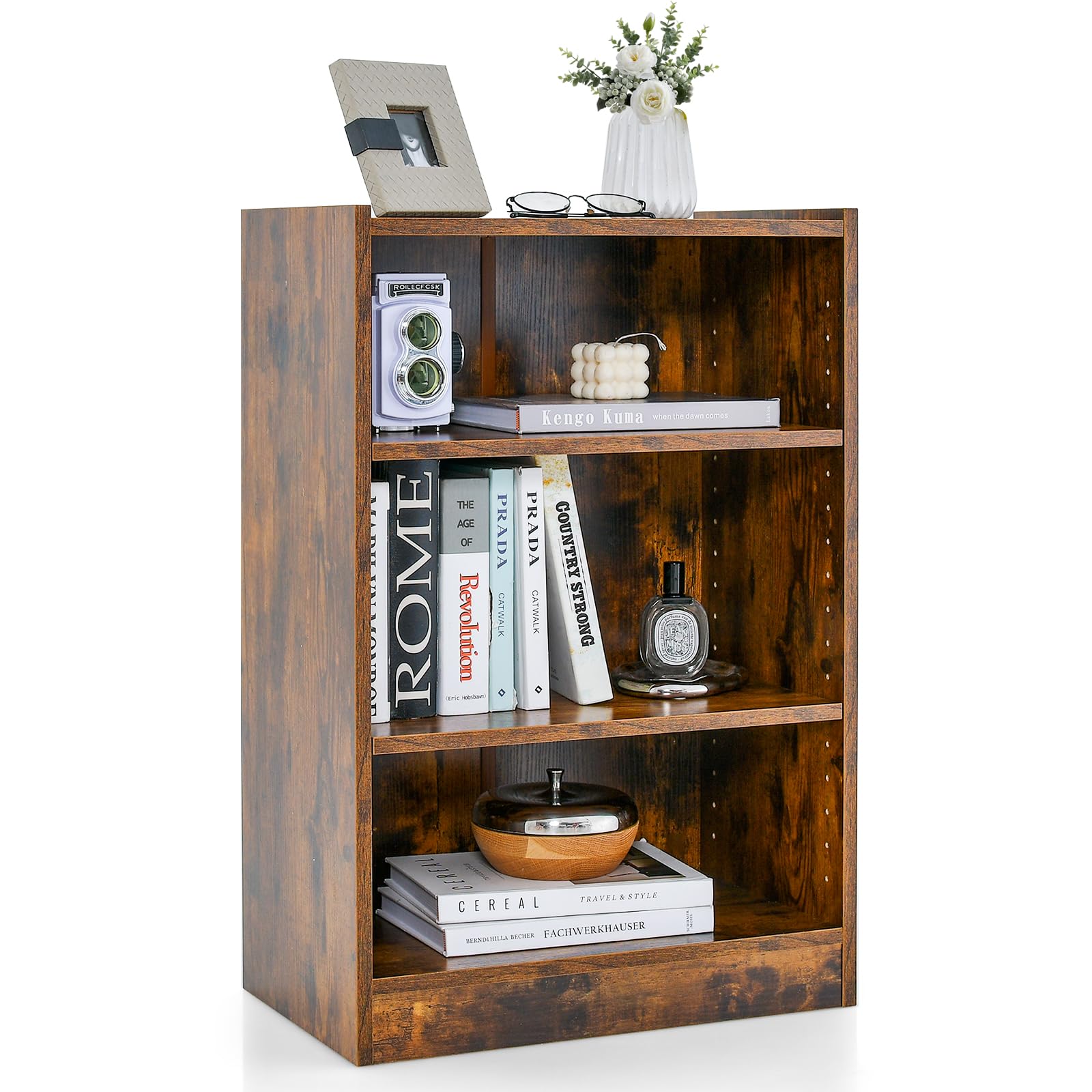 KOMFOTTEU Bibliothèque Bois, 3 Niveaux Ouverts, 50x30x75cm, Marron
