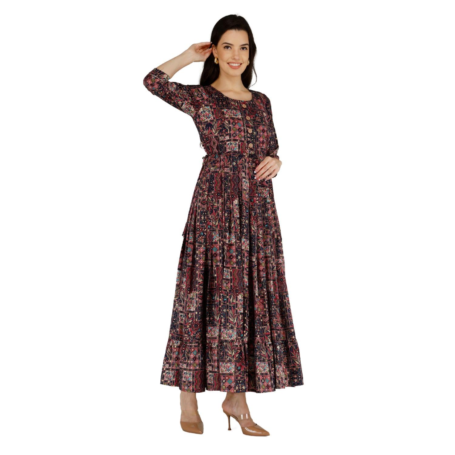 Women's Casual Rayon Breathable Round Neck 3/4 Sleeves Floral Printed Anarkali Maternity Kurti with Side Zippers-picture-24