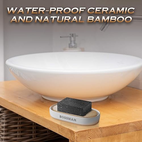 Vista 20 de Bossman Jabonera - Soporte para barra de jabón para baño y ducha, base de cerámica de primera calidad, bandeja de jabón de bambú natural extraíble