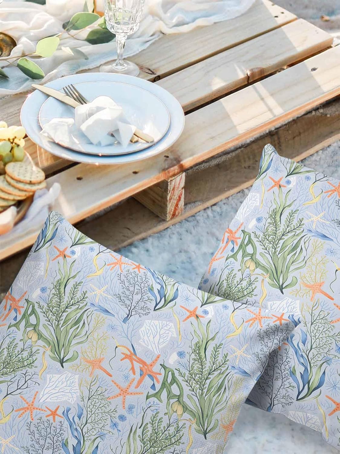 YOKOU Outdoor Waterproof Throw Pillow Covers, Summer Coral Seaweed Green Pillowcases Decorative Cushion Cover Cases for Patio Balcony Couch, Pack of 2 Square, 20"X20" Starfish Blue Ocean