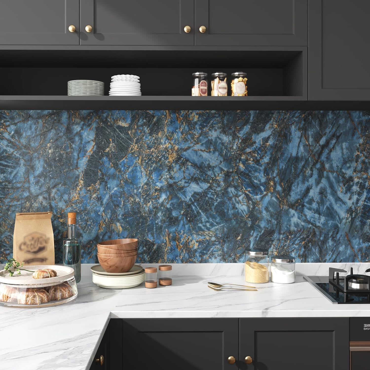 VEELIKE Blue Gold Marble Countertop Contact Paper Waterproof Peel and Stick Countertops Marble Wallpaper for Countertop Table 15.7''x354'' Self Adhesive Vinyl Counter Top Covers for Kitchen Bathroom